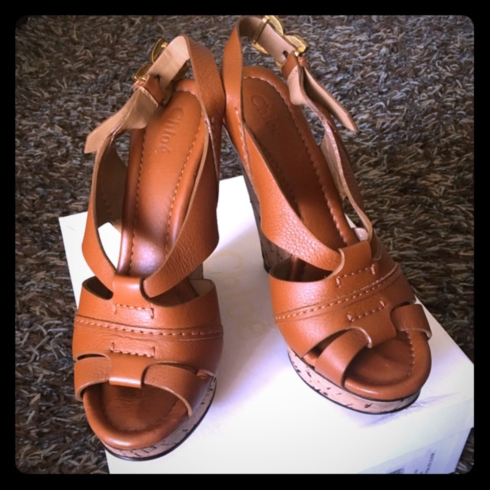 Chloe sling back open toe tan wedges